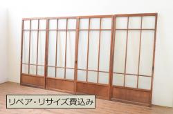 和製アンティーク　ヒノキ材　開放感のある作りのガラス入り格子蔵戸(引き戸、格子戸、建具、玄関戸)