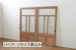 希少!総欅材　レトロなダイヤガラス入りの窓付きアンティークドア1枚(扉、建具)(R-056343)