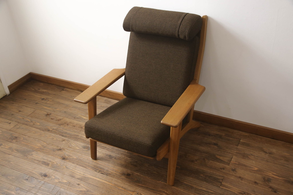 デンマークビンテージ　美品　GETAMA(ゲタマ)　Hans J Wegner(ハンス・J・ウェグナー)　GE290A　オーク材　くつろぎの空間を演出するアームチェアとオットマンのセット(椅子、イス、1P、一人掛けソファ、1人掛けソファ、フットスツール、ヴィンテージ、北欧)(R-068558)