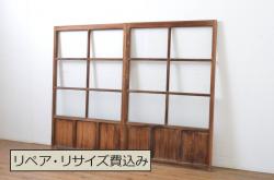 アンティーク建具　昭和中期　摺り上げ　腰板杉材　うずら杢が美しい雪見障子戸3枚セット(建具、擦り上げ障子戸、擦上障子戸、引き戸)(R-037053)