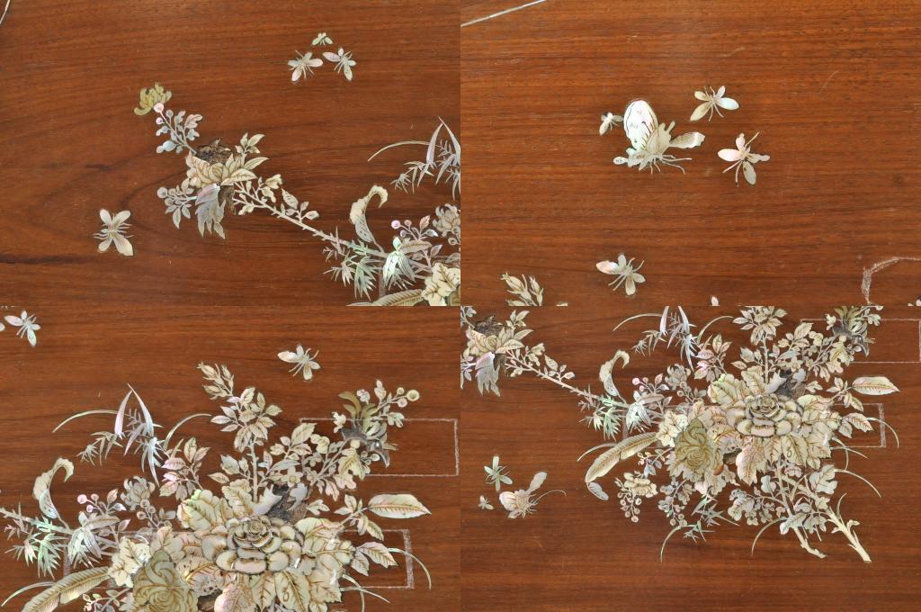アジアンビンテージ　唐木(花梨、カリン)　螺鈿(ラデン)　象嵌入り　花に舞う蝶の意匠が愛らしいベンチ(長椅子、長イス、板座チェア、アームチェア、ヴィンテージ)(R-076373)