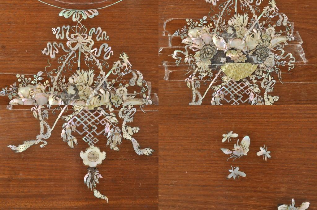 アジアンビンテージ　唐木(花梨、カリン)　螺鈿(ラデン)　象嵌入り　花に舞う蝶の意匠が愛らしいベンチ(長椅子、長イス、板座チェア、アームチェア、ヴィンテージ)(R-076373)