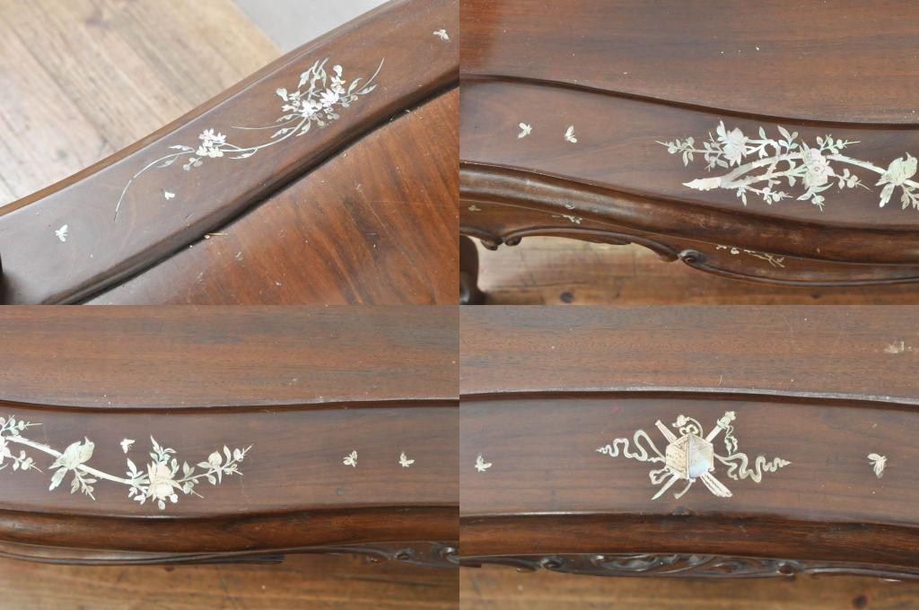 アジアンビンテージ　唐木(花梨、カリン)　螺鈿(ラデン)　象嵌入り　花に舞う蝶の意匠が愛らしいベンチ(長椅子、長イス、板座チェア、アームチェア、ヴィンテージ)(R-076373)