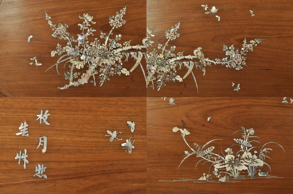 アジアンビンテージ　唐木(花梨、カリン)　螺鈿(ラデン)　象嵌入り　花に舞う蝶の意匠が愛らしいベンチ(長椅子、長イス、板座チェア、アームチェア、ヴィンテージ)(R-076373)
