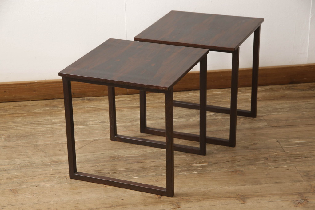 和製ビンテージ　ローズウッド材　シンプルなデザインで取り入れやすいローテーブル2個セット(センターテーブル、サイドテーブル、リビングテーブル)(R-063609)