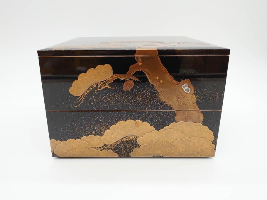平安　俊勝　大胆に描かれた老松の高蒔絵が美しい五段重箱&重台セット(二段重、三段重、共箱付き、漆器、お重)(R-069956)
