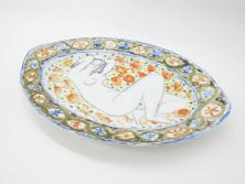 江戸期　古伊万里　花盆図　7寸皿　約21.5　ひとつひとつ丁寧に絵付けされた中皿3枚セット(七寸、稜花型、輪花型、雷紋、変形皿、和食器、和皿)(R-061871)