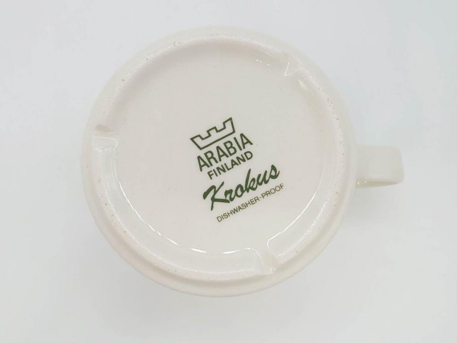 1978年～1979年　ARABIA FINLAND　Krokus(クロッカス)　大胆に描かれた花たちが存在感を放つカップ&ソーサー2客セット(ヴィンテージ、ビンテージ、アラビア、フィンランド、北欧食器、C&S、グリーン・ブルーライン)(R-070642)