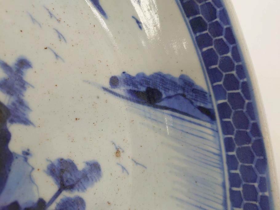 江戸後期　古伊万里　山水の図　約31cm　1尺　落ち着いた風景の染付に癒される大鉢(一尺、深皿、和食器)(R-071489)