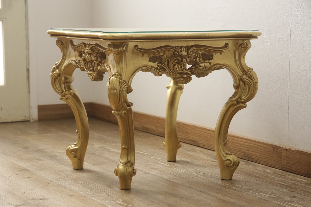 中古　美品　イタリア高級ロココ家具　SILIK(シリック)　ハンドペイント・ゴールドカラーのスクエアテーブル(センターテーブル、ローテーブル)(R-056929)