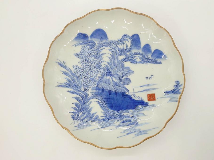 上手物 江戸後期 染付 山水図 約22cm 7寸 金の縁がアクセントに