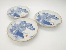江戸期　伊万里　染付　線描　花唐草　松竹梅文　約10cm　3.2寸　一筆一筆丁寧な職人の絵付けが見事な小皿5枚セット(和皿、和食器、三寸二分)(R-073123)