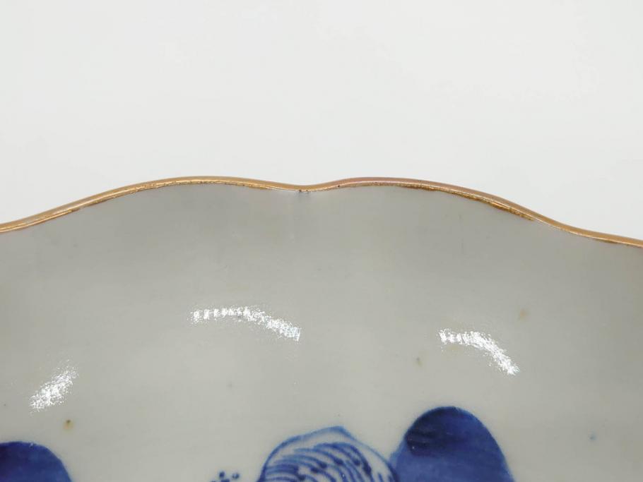 上手物　江戸後期　染付　山水図　約22cm　7寸　金の縁がアクセントになる上品な雰囲気溢れる中皿3枚セット(和皿、和食器、七寸)(R-071493)
