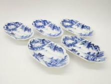 江戸期　古伊万里　染付　龍寿紋　3.1寸皿　約9.5cm　吉祥を招くおめでたい絵付けの菊皿5客セット(小皿、なます皿、菊花形、壽字文、三寸一分、和食器、和皿)(R-062282)