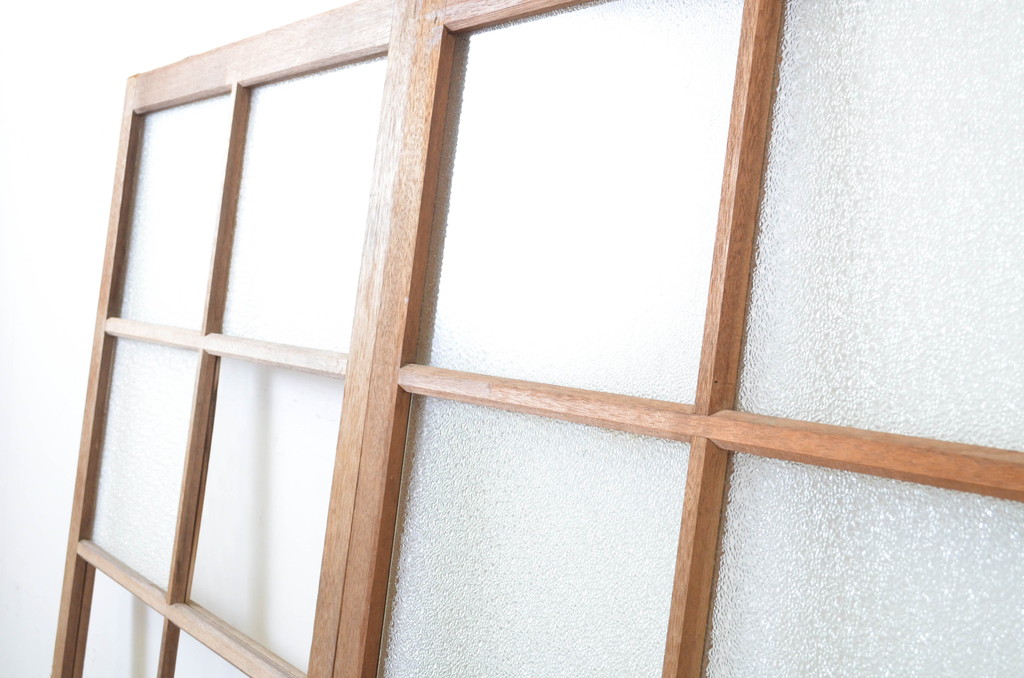 アンティーク建具　木のぬくもり感じる色合いが魅力のガラス戸2枚セット(引き戸)(R-063743)