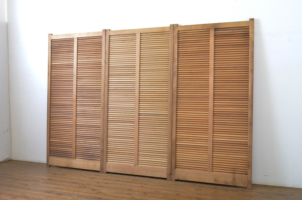 アンティーク建具　木の温もりを感じるルーバー戸3枚セット(ルーバー引き戸、ジャロジー窓、雨戸、木製)(R-063744)