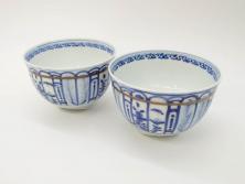 平安　京泉作　染付　岩竹絵のデザインが目を惹く煎茶器セット(急須、湯冷まし、湯呑み5客、共箱付き、和食器、茶道具、茶器)(R-069704)