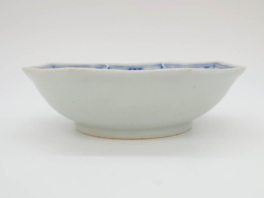 江戸期　古伊万里　染付　編笠文　約15cm　4.9寸　珍しい図柄と藍色の濃淡が印象的な八角皿3枚セット(編み笠、傘、カサ、かさ、変形皿、深皿、和皿、和食器、四寸九分)(R-071499)