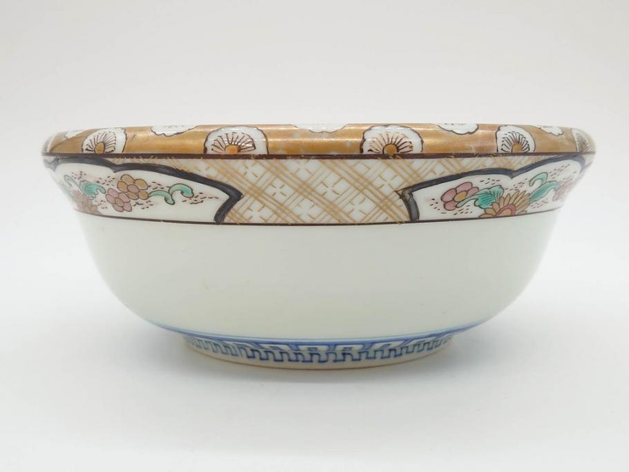 上手物　明治期　伊万里　金彩　染付　窓絵　約19cm　6.2寸　緻密に描かれた上品な絵柄が美しい深鉢(もみじ、紅葉、モミジ、草花、深皿、和皿、和食器、六寸二分)(R-071501)