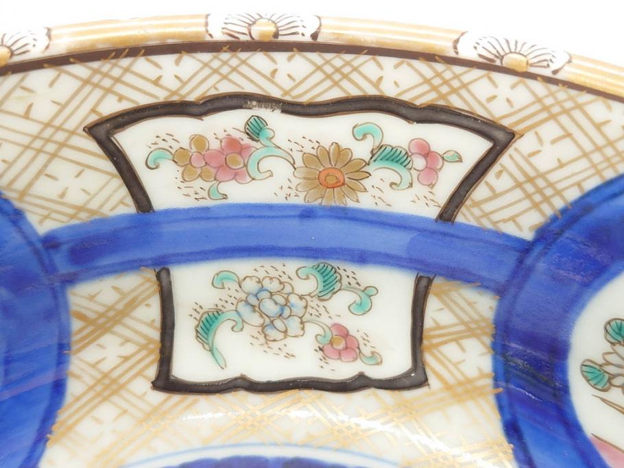 上手物　明治期　伊万里　金彩　染付　窓絵　約19cm　6.2寸　緻密に描かれた上品な絵柄が美しい深鉢(もみじ、紅葉、モミジ、草花、深皿、和皿、和食器、六寸二分)(R-071501)
