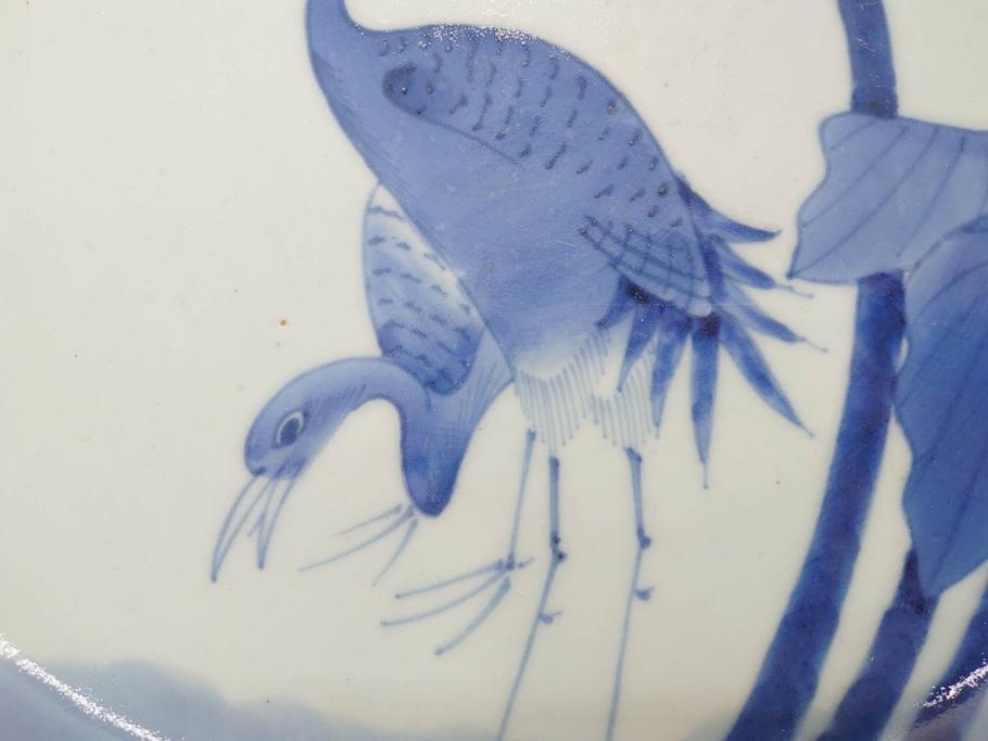 上手物　江戸期　古伊万里　富貴長春　染付　約31cm　1尺皿　大胆に絵付けされた鳥たちが味わい深い魅力を放つ大皿(鶴?、ツル?、鷺?、サギ?、和皿、和食器、一尺)(R-071506)