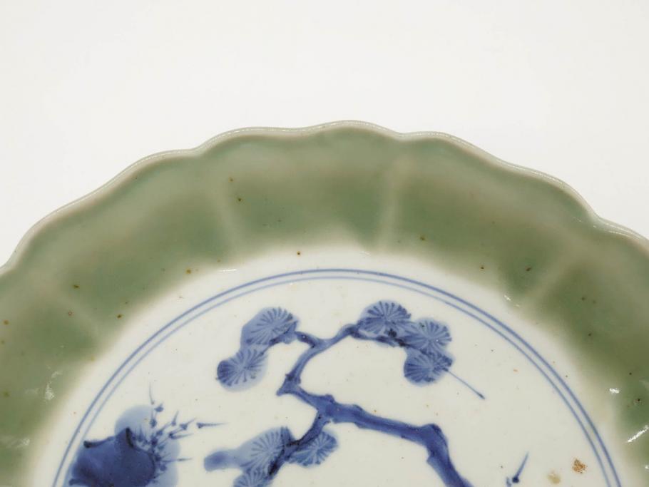 江戸期　太明成化年製　古伊万里　青磁　染付　約27cm　8.9寸　優しい色合いが上品な和の雰囲気を醸し出す大皿(人物、馬、和皿、和食器、八寸九分)(R-071509)