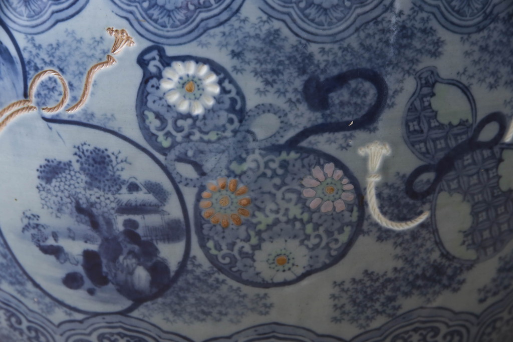 和製アンティーク　昭和初期　瓢箪の図　繊細な図柄が美しい瀬戸火鉢(鉢カバー、傘立て)(R-063961)