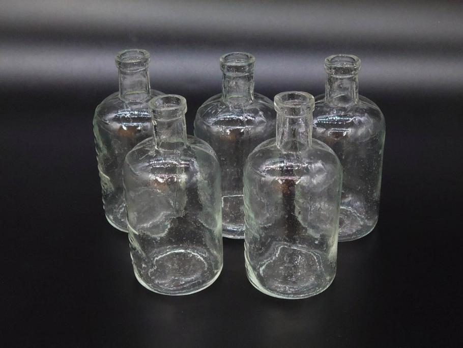 大正〜昭和初期　様々な用途に使える小瓶5個セット(気泡、ガラスビン、硝子、ボトル、薬瓶、花瓶、花入れ、花器)(R-077082)