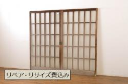 アンティーク建具　腰板欅(ケヤキ)材　経年による風合いが魅力的な裏障子付き幅狭格子戸4枚セット(引き戸、ガラス帯戸)(R-066853)