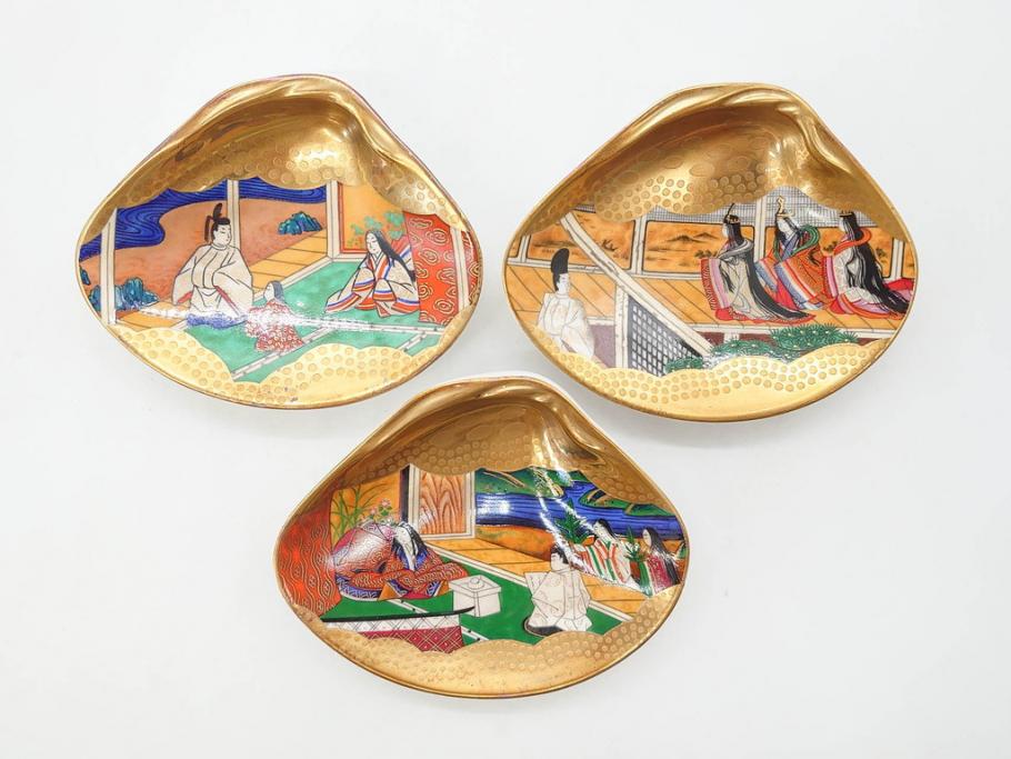 1980年　フランクリン画廊　徳川黎明會監修　「源氏物語貝合せ」　約10cm　3.3寸 雅な絵柄が美しい貝絵皿54枚揃(限定版、飾り皿、認定書、解説書付き、ボーンチャイナ、陶器、金彩、蒔絵、重箱、三寸三分)(R-078337)