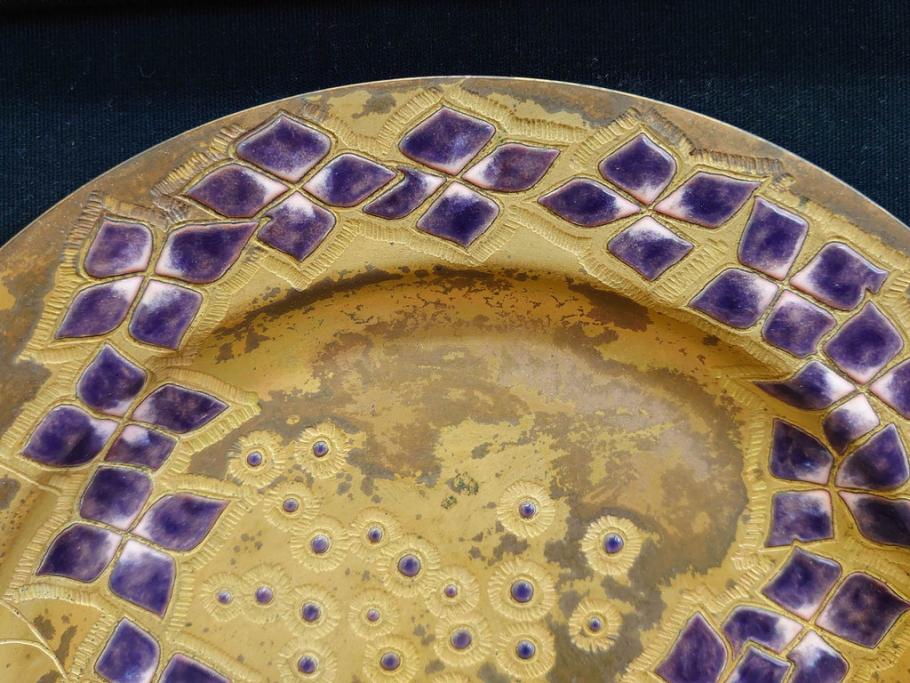 美彦銘　金彩花文七宝額　約24cm　8寸　紫陽花のデザインが際立つ飾皿(飾り皿、額皿、花、和皿、大皿、和食器、共箱付き、八寸)(R-078339)