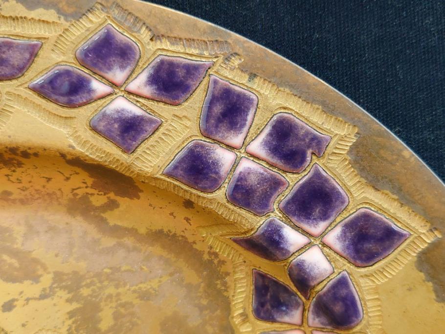 美彦銘　金彩花文七宝額　約24cm　8寸　紫陽花のデザインが際立つ飾皿(飾り皿、額皿、花、和皿、大皿、和食器、共箱付き、八寸)(R-078339)