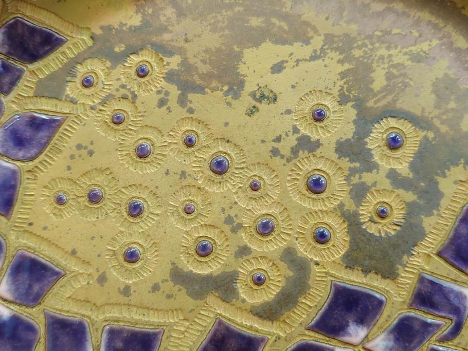 美彦銘　金彩花文七宝額　約24cm　8寸　紫陽花のデザインが際立つ飾皿(飾り皿、額皿、花、和皿、大皿、和食器、共箱付き、八寸)(R-078339)