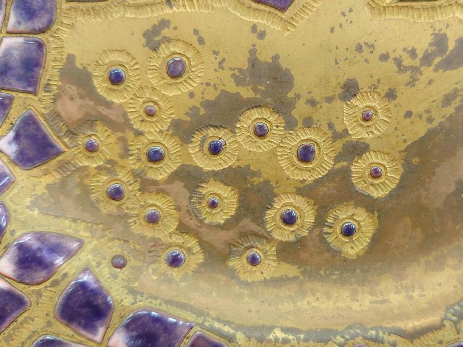 美彦銘　金彩花文七宝額　約24cm　8寸　紫陽花のデザインが際立つ飾皿(飾り皿、額皿、花、和皿、大皿、和食器、共箱付き、八寸)(R-078339)