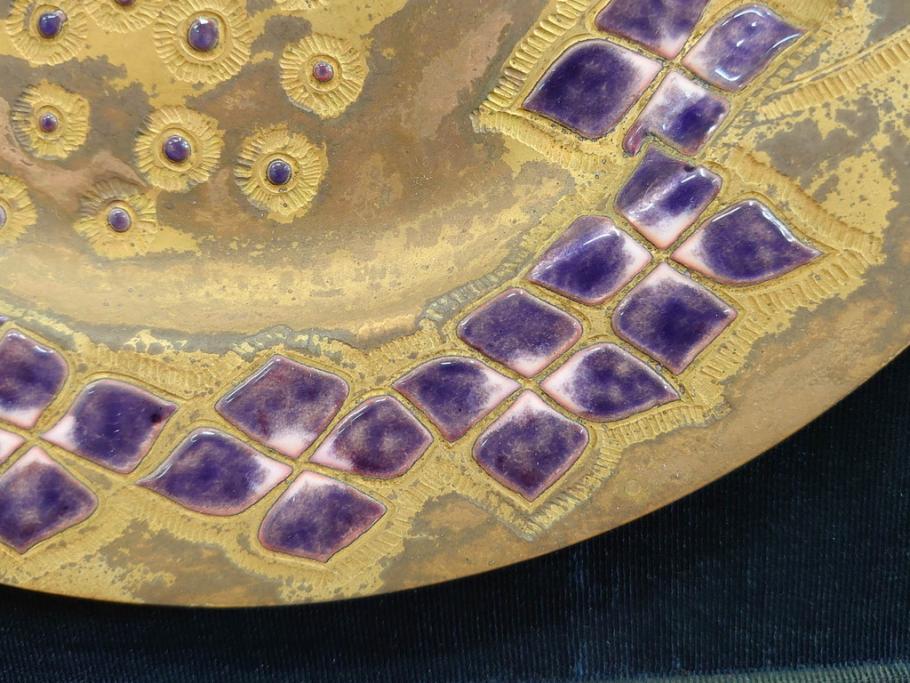 美彦銘　金彩花文七宝額　約24cm　8寸　紫陽花のデザインが際立つ飾皿(飾り皿、額皿、花、和皿、大皿、和食器、共箱付き、八寸)(R-078339)