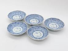 江戸後期　古伊万里　成化年製　微塵唐草文染付　約11cm　3.5寸　繊細な線描きが見事な小皿5枚セット(みじんからくさ、和皿、和食器、三寸五分)(R-078341)