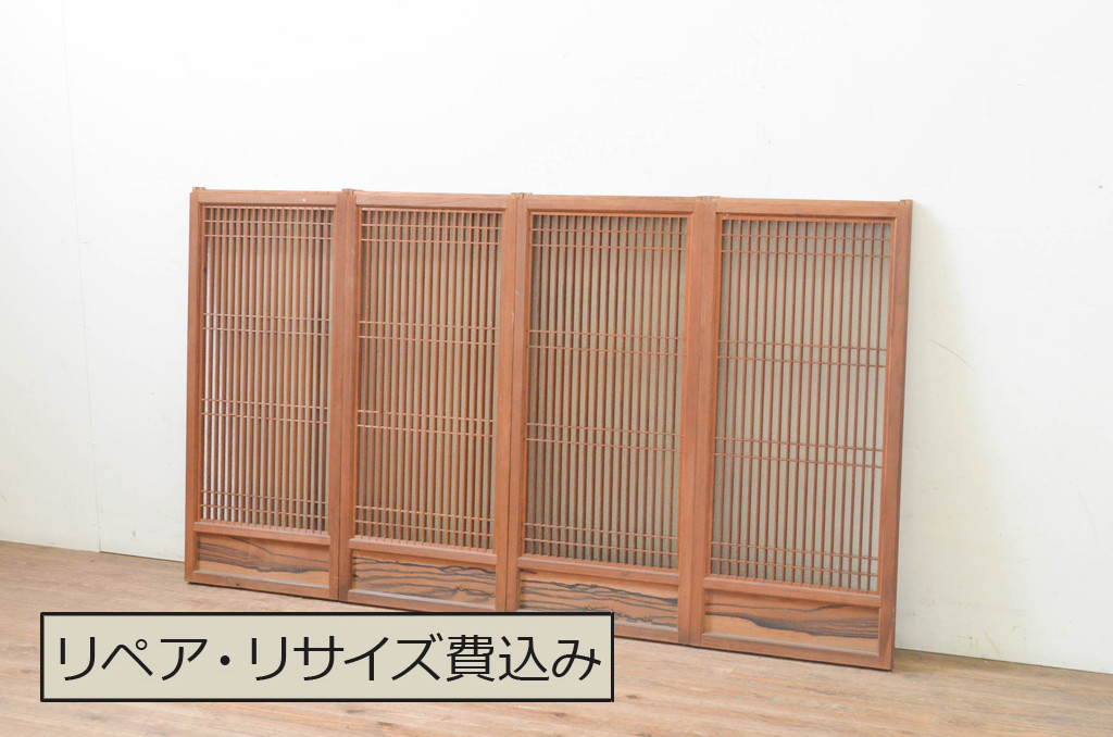 アンティーク建具　片面ガラス　上品な佇まいの腰板黒柿材入りの書院戸4枚セット(引き戸、ガラス戸、窓)(R-068846)