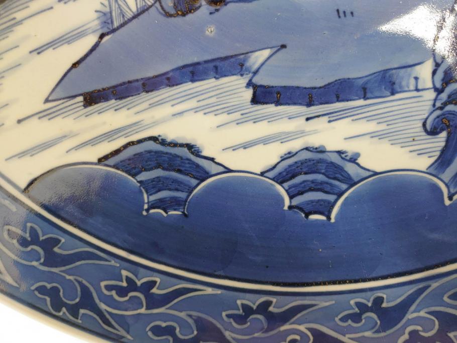 江戸期 古伊万里 染付 1尺5寸 約47cm 繊細に描かれた山水図が