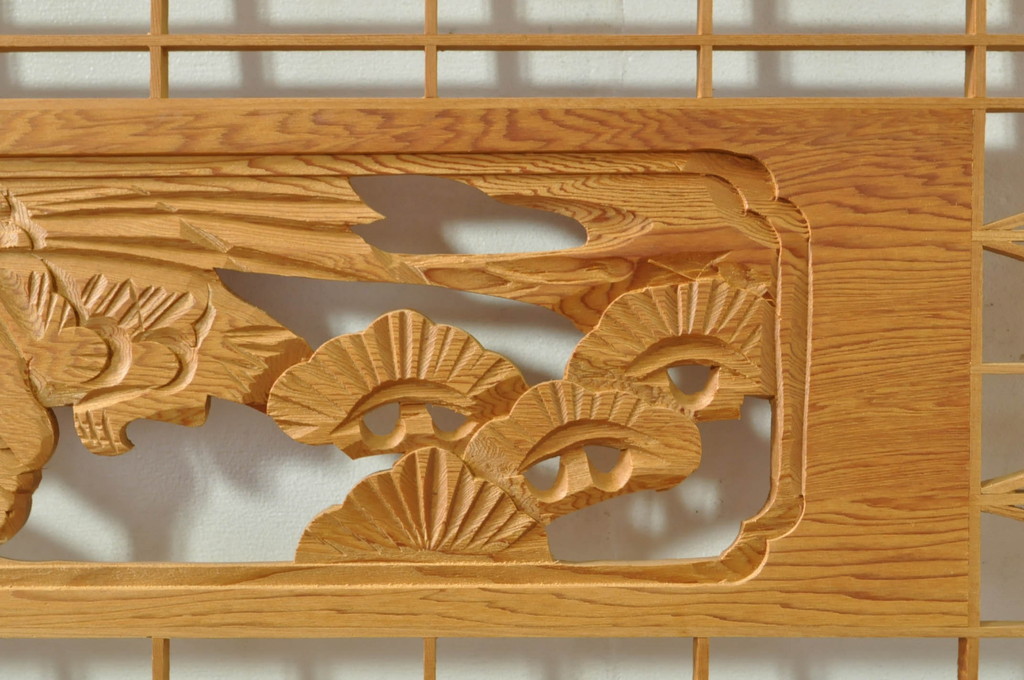 ビンテージ建具　松・鷲　彫刻と組子細工の組み合わせが美しい欄間2枚セット(明り取り、明かり取り、ランマ、ヴィンテージ)(R-076334)