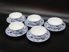 デンマーク　ROYAL COPENHAGEN(ロイヤルコペンハーゲン)　ブルーフルーテッド　ハーフレース　525　上品なデザインのティーカップ&ソーサー5客セット(洋食器、C&S)(R-078345)