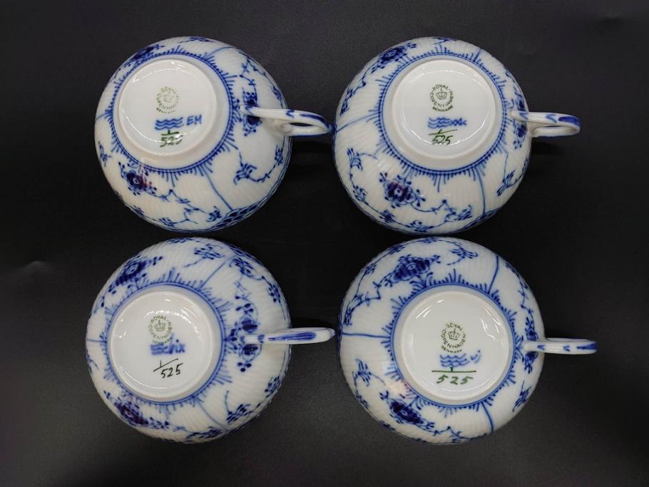 デンマーク　ROYAL COPENHAGEN(ロイヤルコペンハーゲン)　ブルーフルーテッド　ハーフレース　525　上品なデザインのティーカップ&ソーサー5客セット(洋食器、C&S)(R-078345)