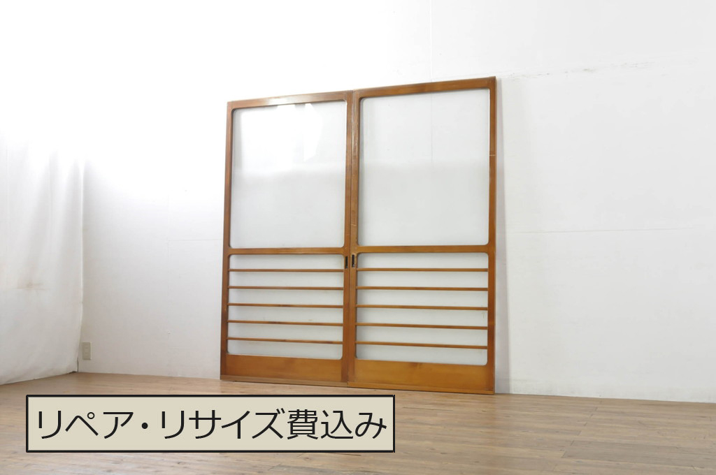 アンティーク建具　レトロな空間を演出するガラス戸2枚セット(引き戸)(R-076086)