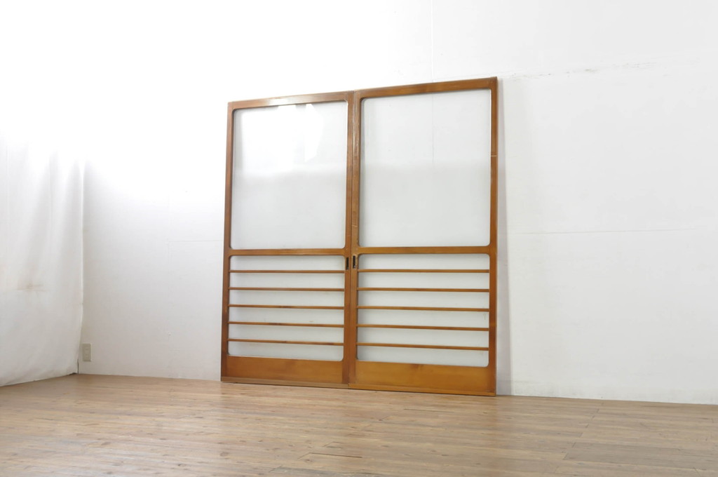 アンティーク建具　レトロな空間を演出するガラス戸2枚セット(引き戸)(R-076086)