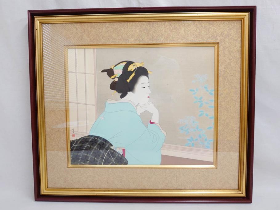 縦38cm×横47cm上村松園 若葉 人物画 木版画 女性像 美人画 日本画 版画 絵画 真作保証