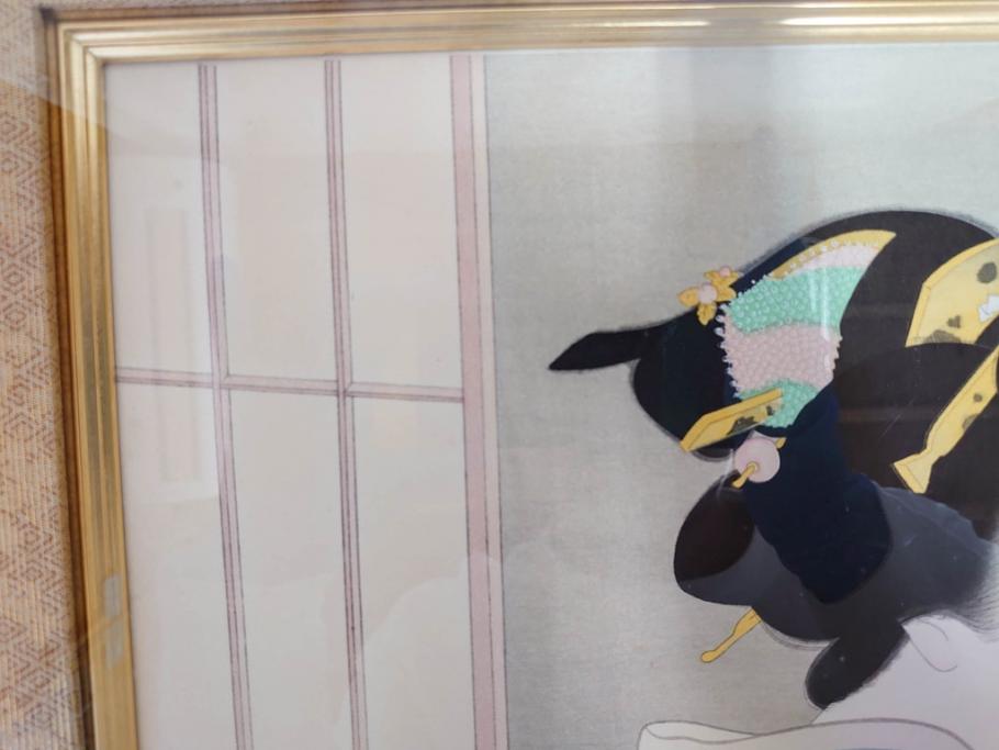 上村松園　「若葉」　モモセ版画美術　限定300部のうち292番　気品の漂う女性の姿を見事に表現された手摺木版画(人物画、絵画、額装、箱付き)(R-071745)