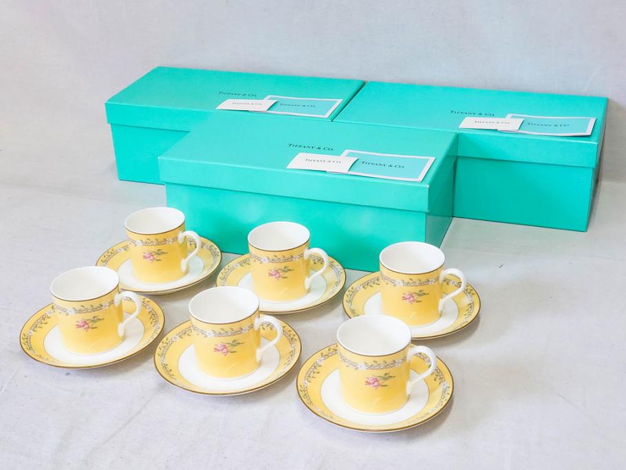 Tiffany&Co.(ティファニー)　Pink Tulip(ピンクチューリップ)　Sybil Connolly　食卓に彩を与えてくれるデミタスカップ&ソーサー6客セット(C&S、Made in Japan、陶器、花柄、説明書付き、洋食器)(R-078350)