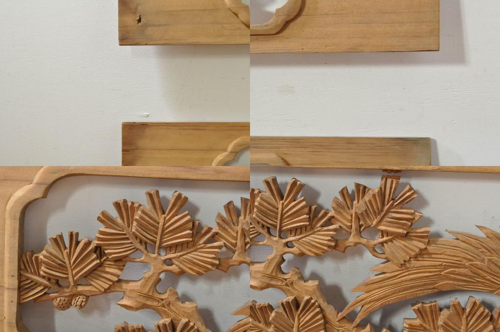 アンティーク建具　和の雰囲気を高める松と鷹の彫刻欄間2枚セット(明り取り、明かり取り)(R-076335)
