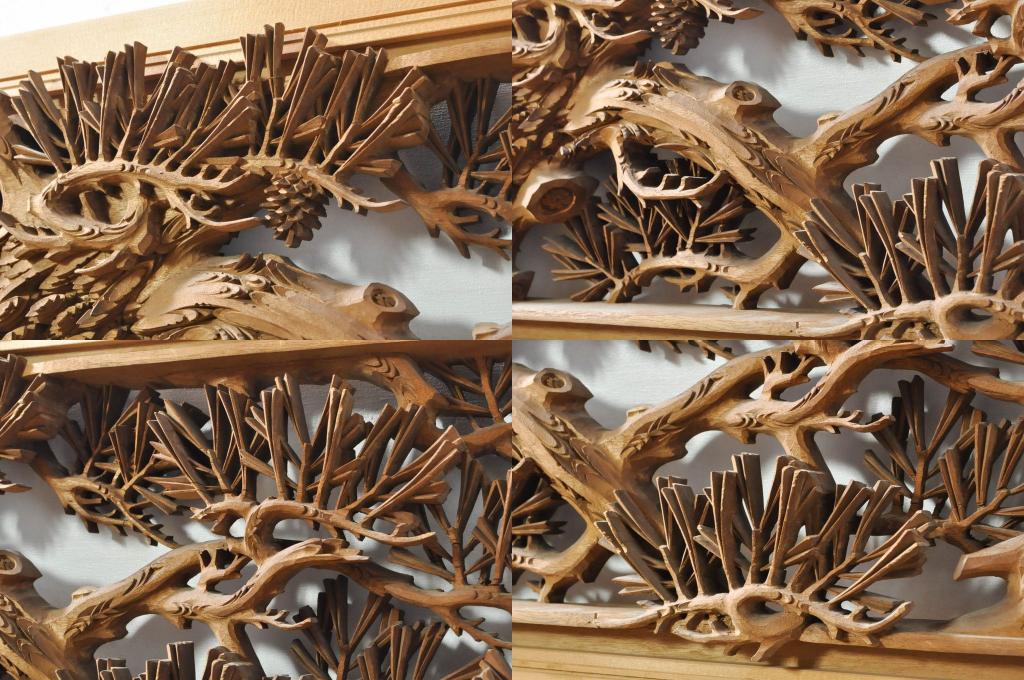 アンティーク建具　井波彫刻　秀山之作　力強い松の図柄が美しい彫刻欄間2枚セット(明り取り、明かり取り)(R-076336)