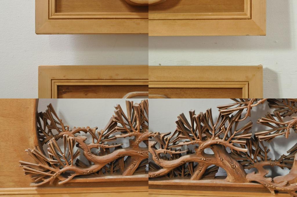 アンティーク建具　井波彫刻　秀山之作　力強い松の図柄が美しい彫刻欄間2枚セット(明り取り、明かり取り)(R-076336)