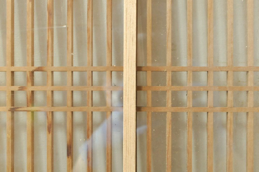 ビンテージ建具　両面ガラス　繊細な格子が目を惹く筬欄間2枚セット(明り取り、明かり取り、オサランマ、おさらんま、格子欄間、ヴィンテージ)(R-076337)